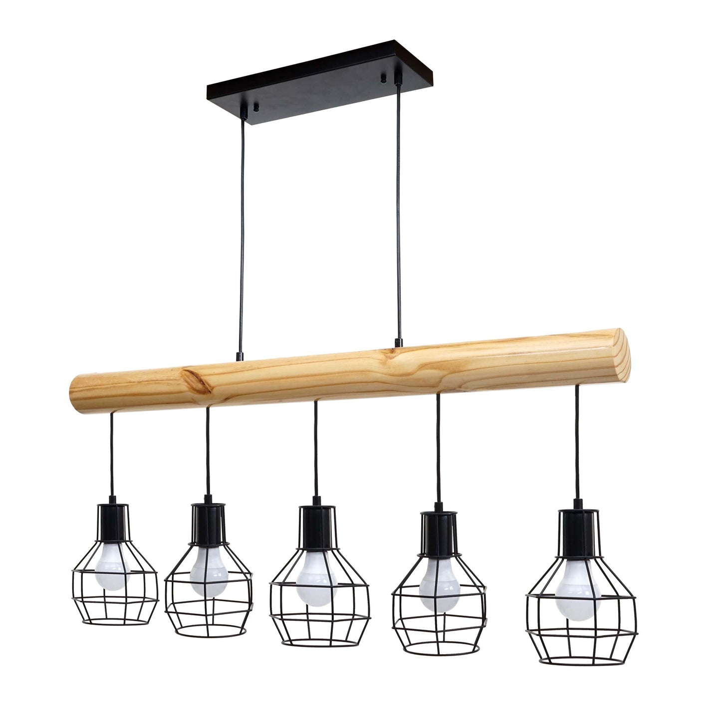 Cosmo Casa - Hanglamp - Vintage - Hout & Metaal - Zwart - 5 lampenkappen met traliewerk