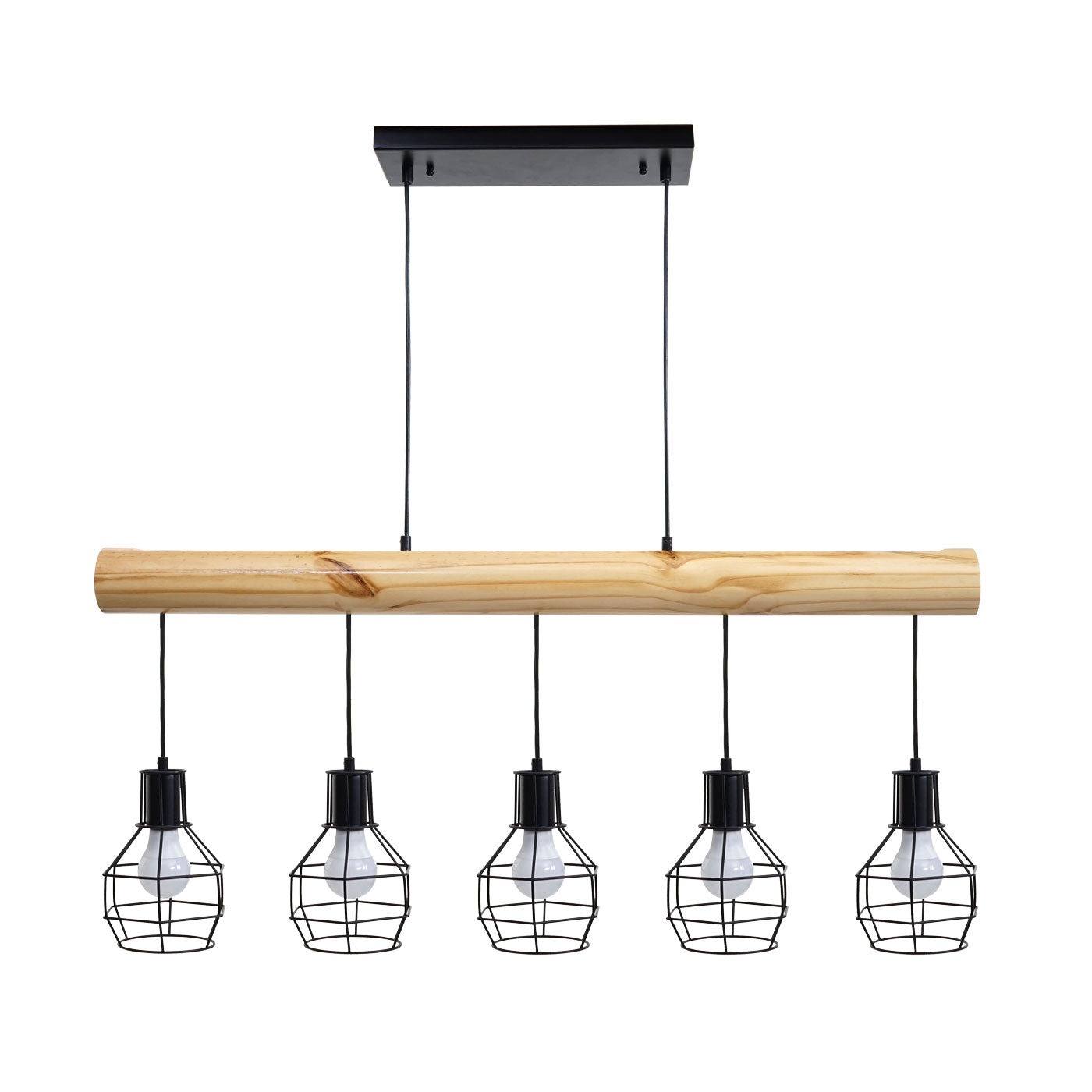 Cosmo Casa - Hanglamp - Vintage - Hout & Metaal - Zwart - 5 lampenkappen met traliewerk