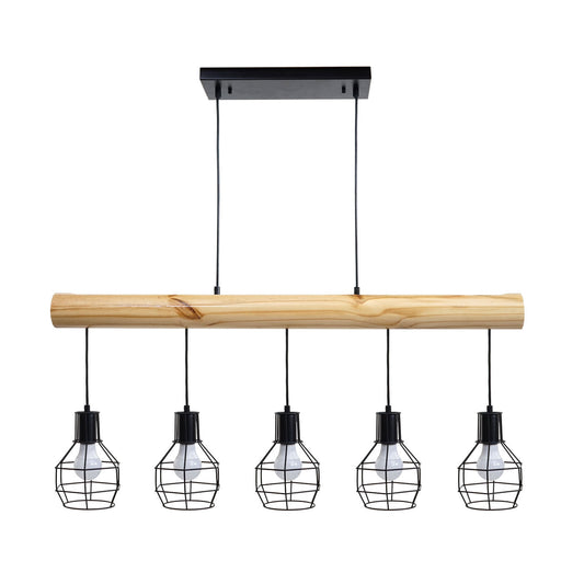 Cosmo Casa - Hanglamp - Vintage - Hout & Metaal - Zwart - 5 lampenkappen met traliewerk