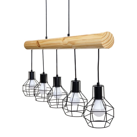 Cosmo Casa - Hanglamp - Vintage - Hout & Metaal - Zwart - 5 lampenkappen met traliewerk