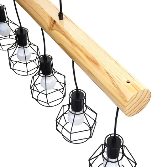 Cosmo Casa - Hanglamp - Vintage - Hout & Metaal - Zwart - 5 lampenkappen met traliewerk