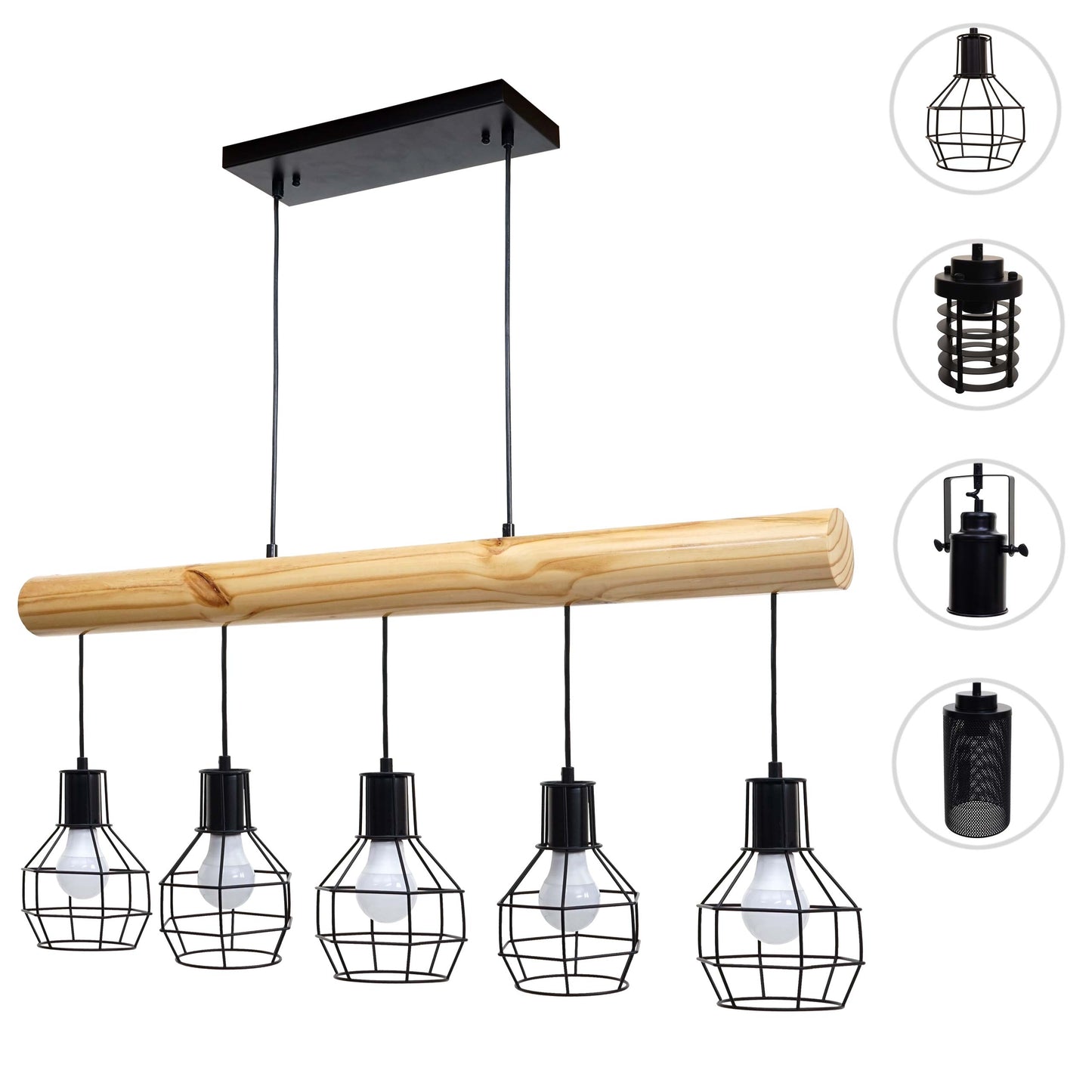 Cosmo Casa - Hanglamp - Vintage - Hout & Metaal - Zwart - 5 lampenkappen met traliewerk