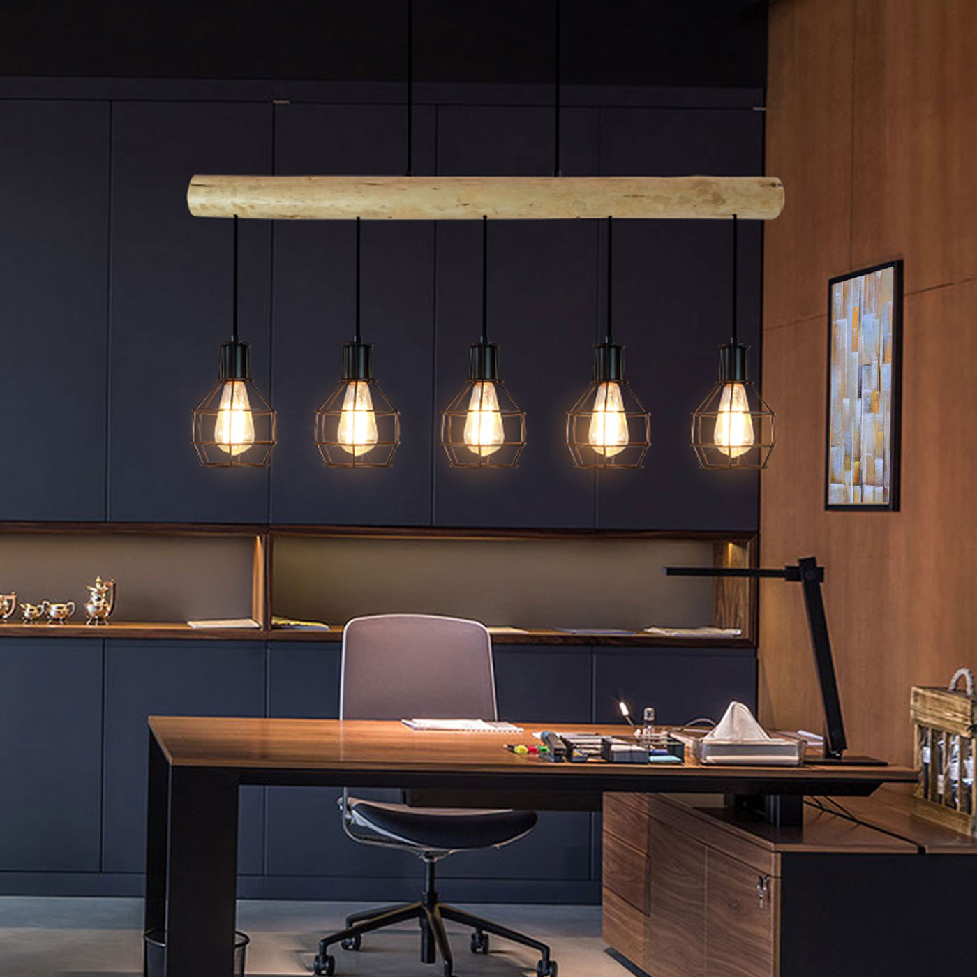 Cosmo Casa - Hanglamp - Vintage - Hout & Metaal - Zwart - 5 lampenkappen met traliewerk