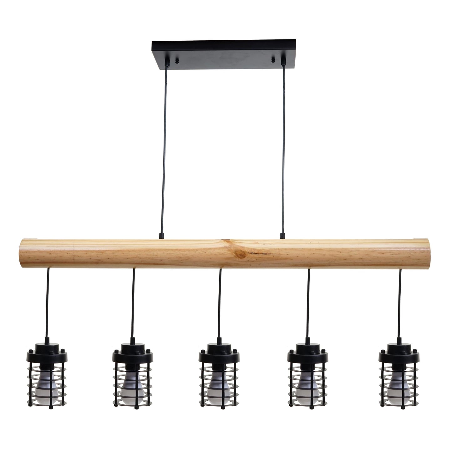 Cosmo Casa - Hanglamp - Vintage - Hout & Metaal - Zwart - 5 kooilampenkappen