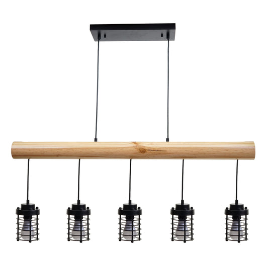 Cosmo Casa - Hanglamp - Vintage - Hout & Metaal - Zwart - 5 kooilampenkappen