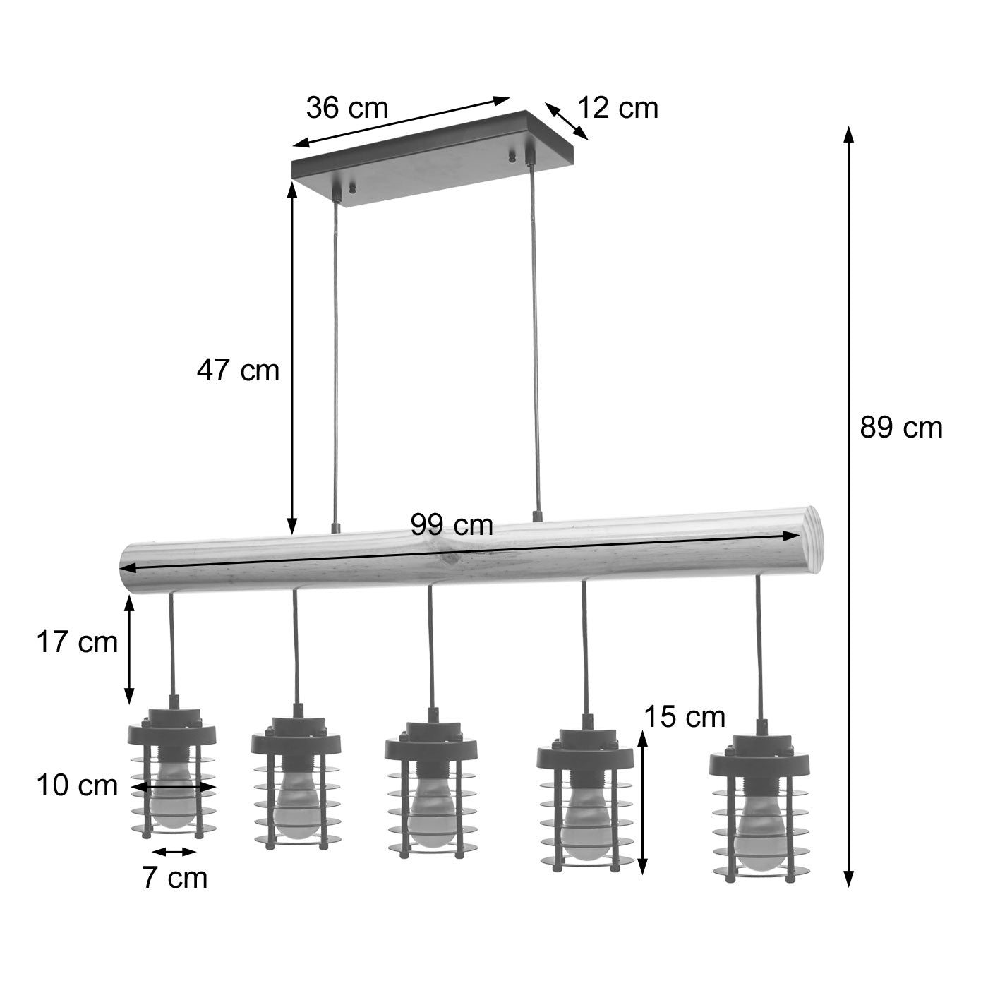 Cosmo Casa - Hanglamp - Vintage - Hout & Metaal - Zwart - 5 kooilampenkappen
