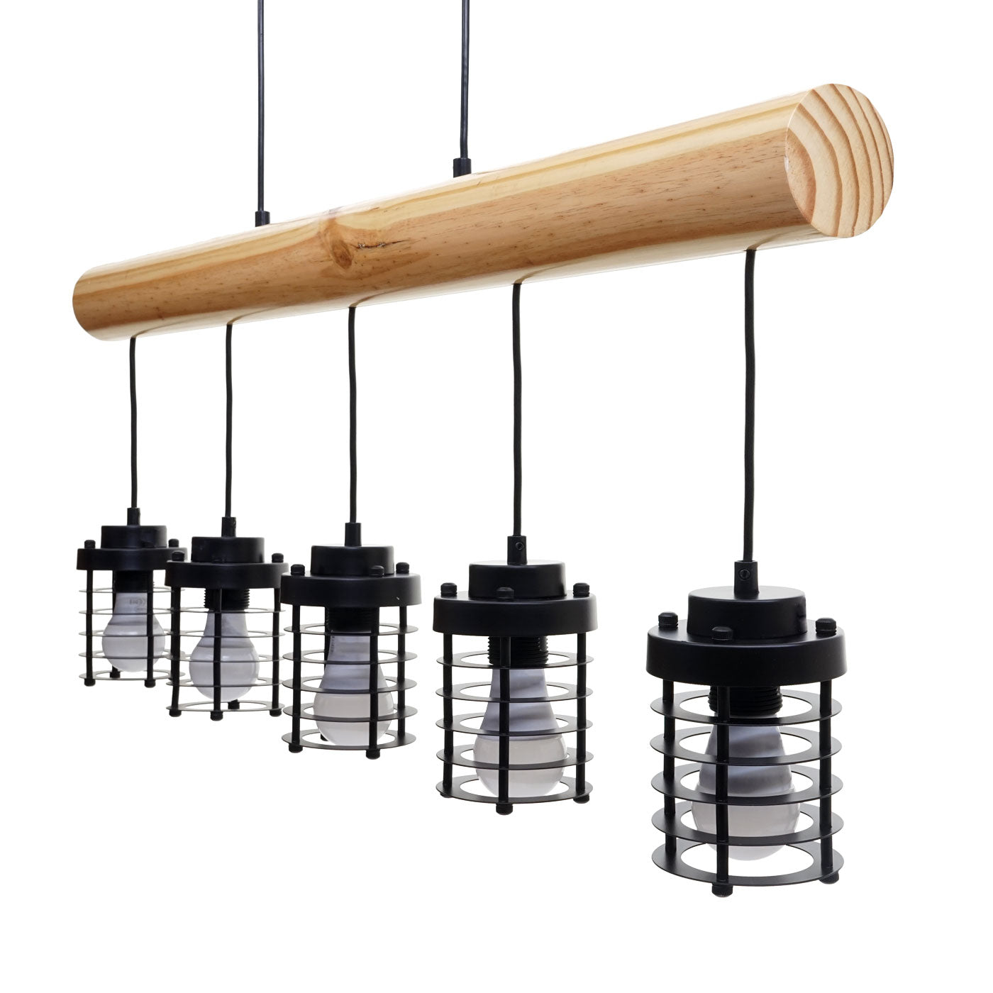 Cosmo Casa - Hanglamp - Vintage - Hout & Metaal - Zwart - 5 kooilampenkappen