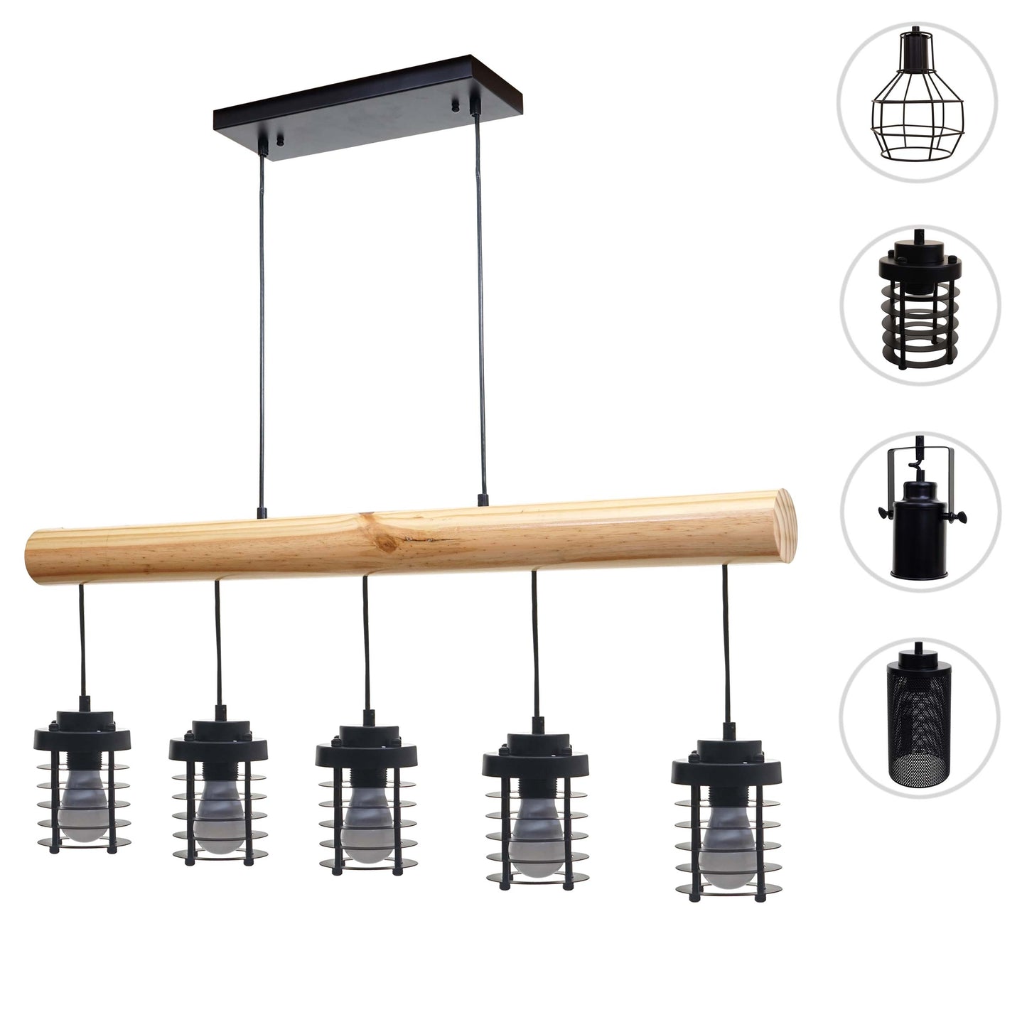 Cosmo Casa - Hanglamp - Vintage - Hout & Metaal - Zwart - 5 kooilampenkappen