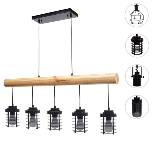 Cosmo Casa - Hanglamp - Vintage - Hout & Metaal - Zwart - 5 kooilampenkappen