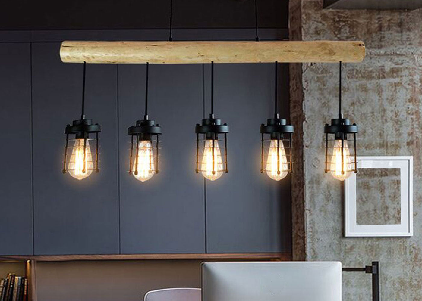 Cosmo Casa - Hanglamp - Vintage - Hout & Metaal - Zwart - 5 kooilampenkappen