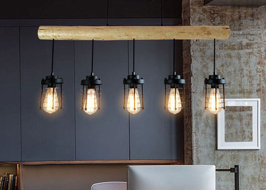 Cosmo Casa - Hanglamp - Vintage - Hout & Metaal - Zwart - 5 kooilampenkappen