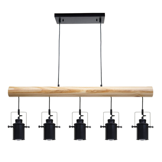 Cosmo Casa - Hanglamp - Vintage - Hout & Metaal - Zwart - 5 spotjes