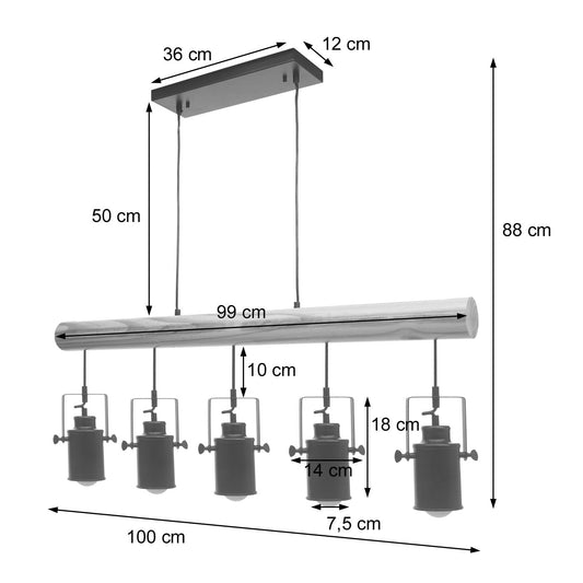 Cosmo Casa - Hanglamp - Vintage - Hout & Metaal - Zwart - 5 spotjes