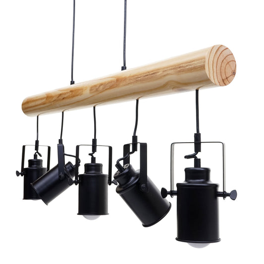 Cosmo Casa - Hanglamp - Vintage - Hout & Metaal - Zwart - 5 spotjes