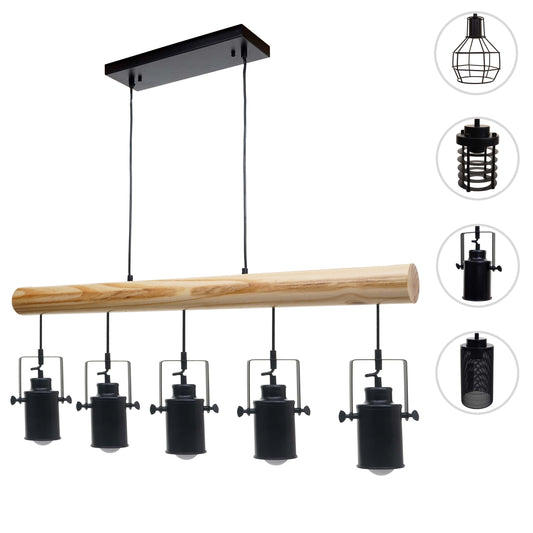 Cosmo Casa - Hanglamp - Vintage - Hout & Metaal - Zwart - 5 spotjes