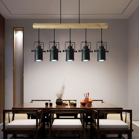 Cosmo Casa - Hanglamp - Vintage - Hout & Metaal - Zwart - 5 spotjes