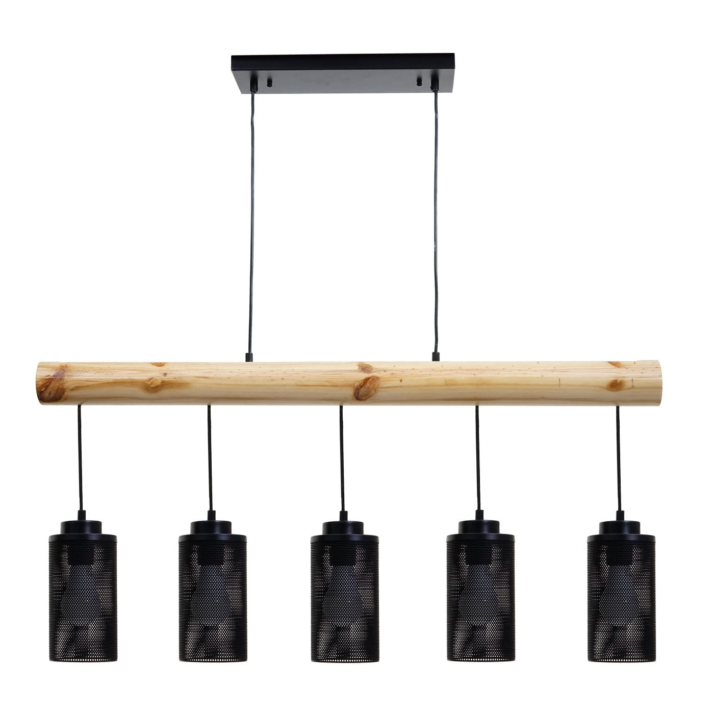 Cosmo Casa - Hanglamp - Vintage - Hout & Metaal - Zwart - 5 buislampenkappen