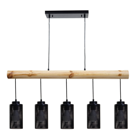 Cosmo Casa - Hanglamp - Vintage - Hout & Metaal - Zwart - 5 buislampenkappen
