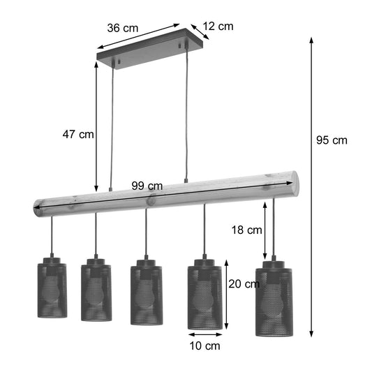Cosmo Casa - Hanglamp - Vintage - Hout & Metaal - Zwart - 5 buislampenkappen