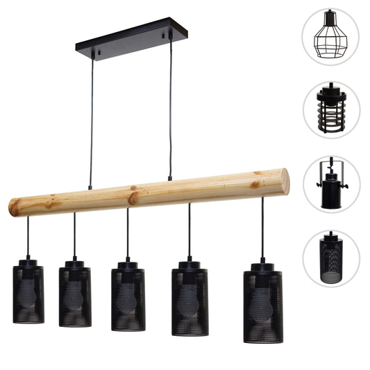 Cosmo Casa - Hanglamp - Vintage - Hout & Metaal - Zwart - 5 buislampenkappen