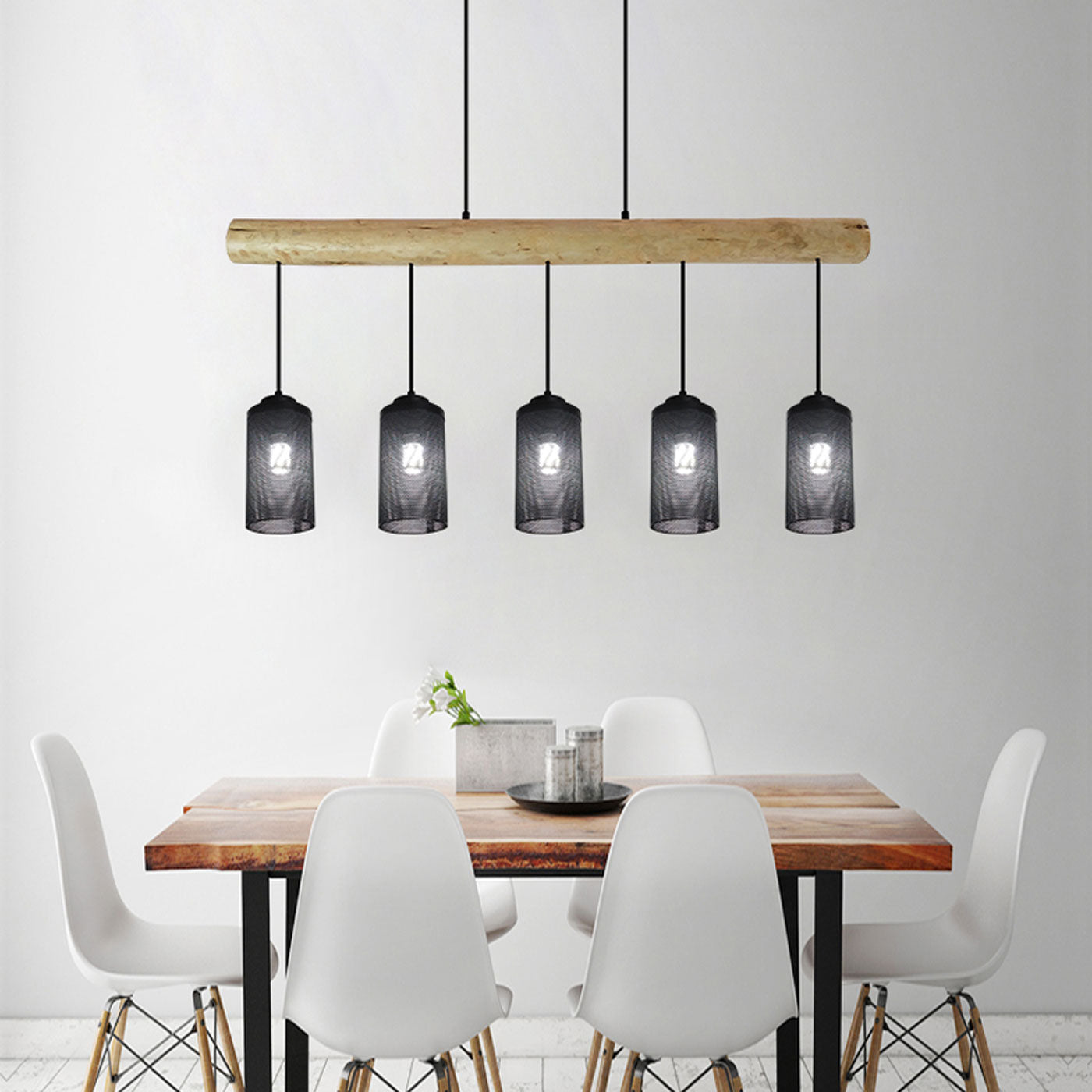 Cosmo Casa - Hanglamp - Vintage - Hout & Metaal - Zwart - 5 buislampenkappen