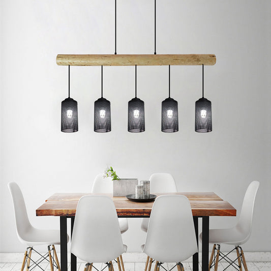Cosmo Casa - Hanglamp - Vintage - Hout & Metaal - Zwart - 5 buislampenkappen