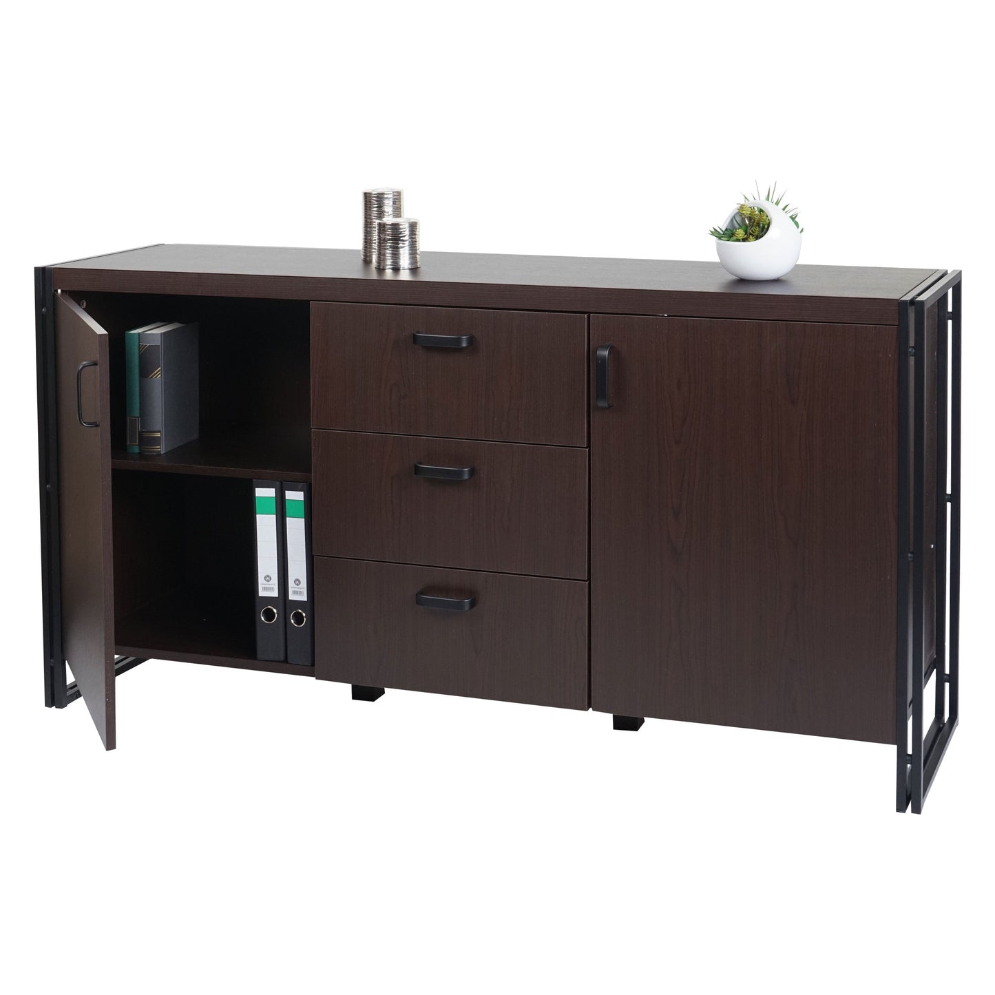 Cosmo Casa - Dressoir - Ladekast - 3D-Structuur MDF & Metaal - Donkerbruin - 2 Opbergvakken - 80×160×40 cm