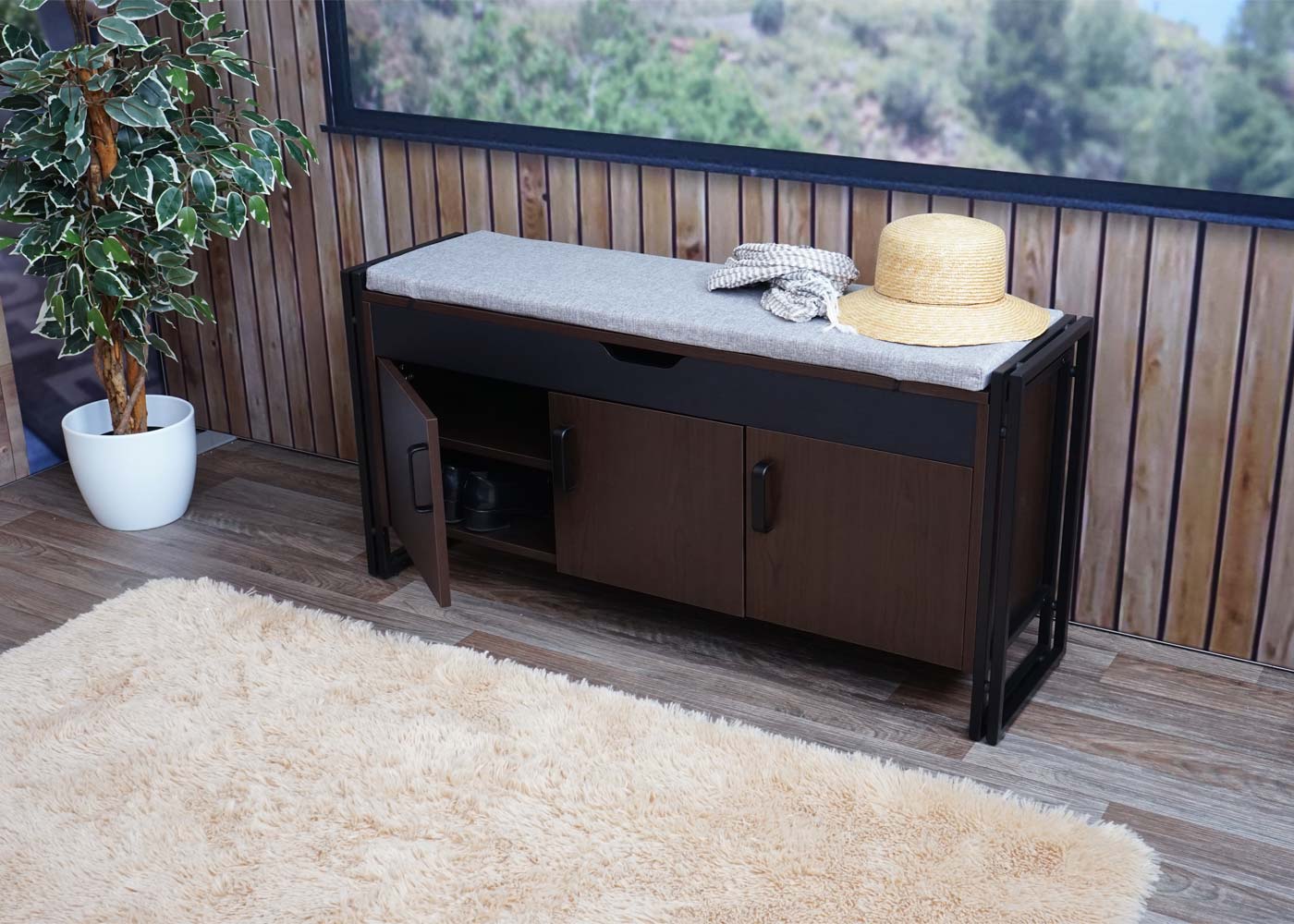 Cosmo Casa - Schoenenkast met Zitplaatsen - Ladekast & Bank met Kussens - 3D-Structuur Metaal - Donkerbruin