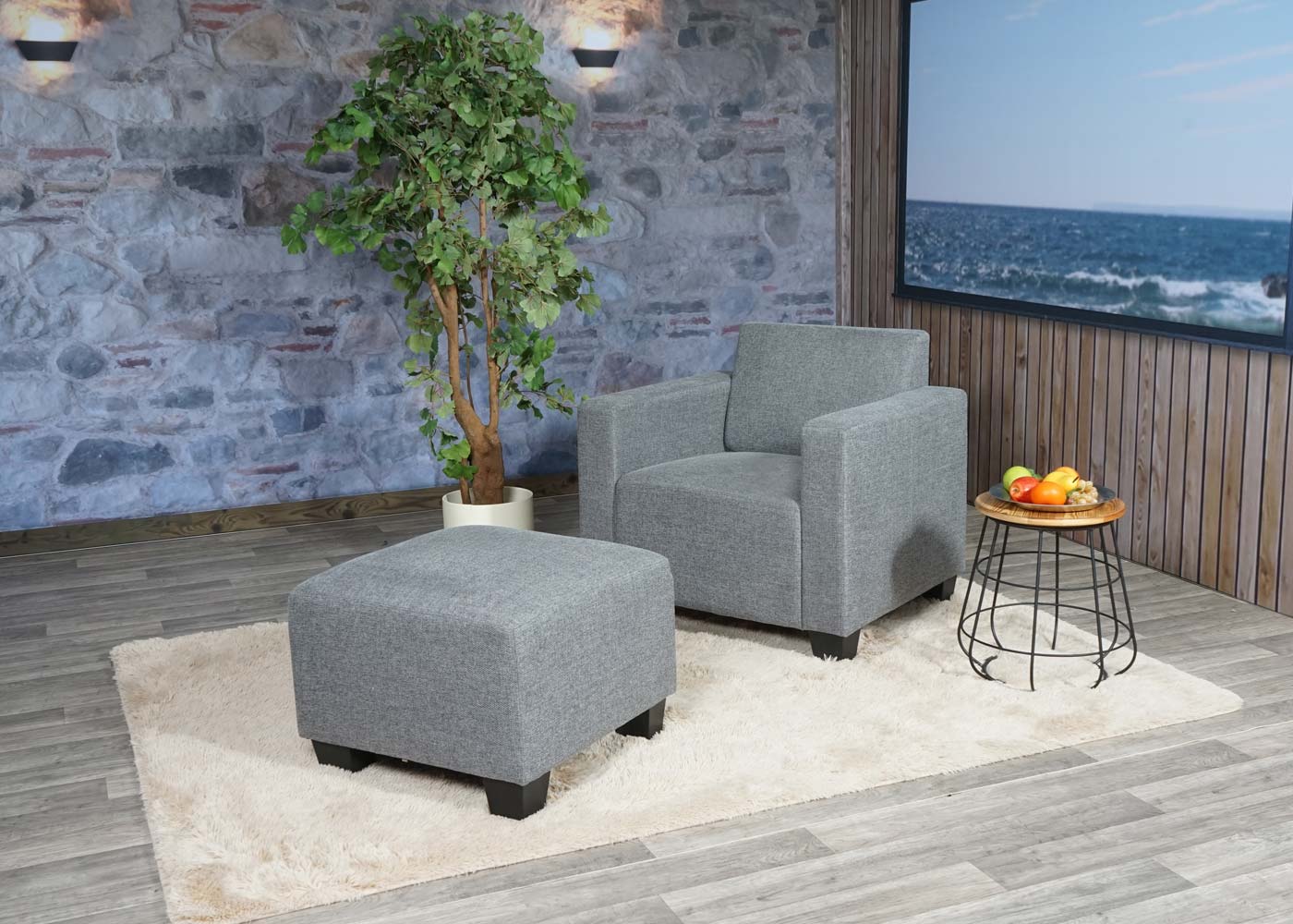 Cosmo Casa - Fauteuil - Lounge met poef - Stof textiel - Grijs