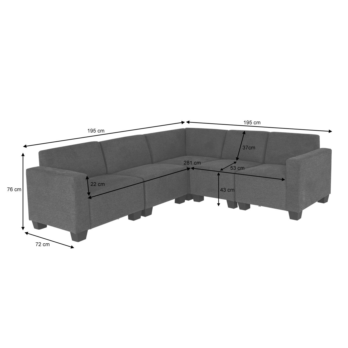Cosmo Casa - Banksysteem - Modulair 5-zits - Stof textiel - Grijs