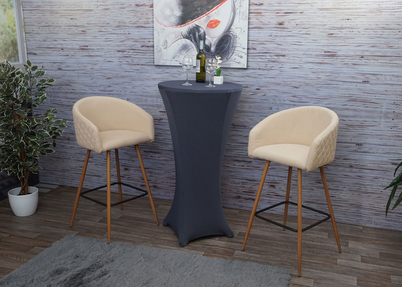 Cosmo Casa - Set van 2 Barkrukken - Barkruk - Keukenkruk met Rugleuning - Metaal Houtlook - Stoftextiel - Crème Beige