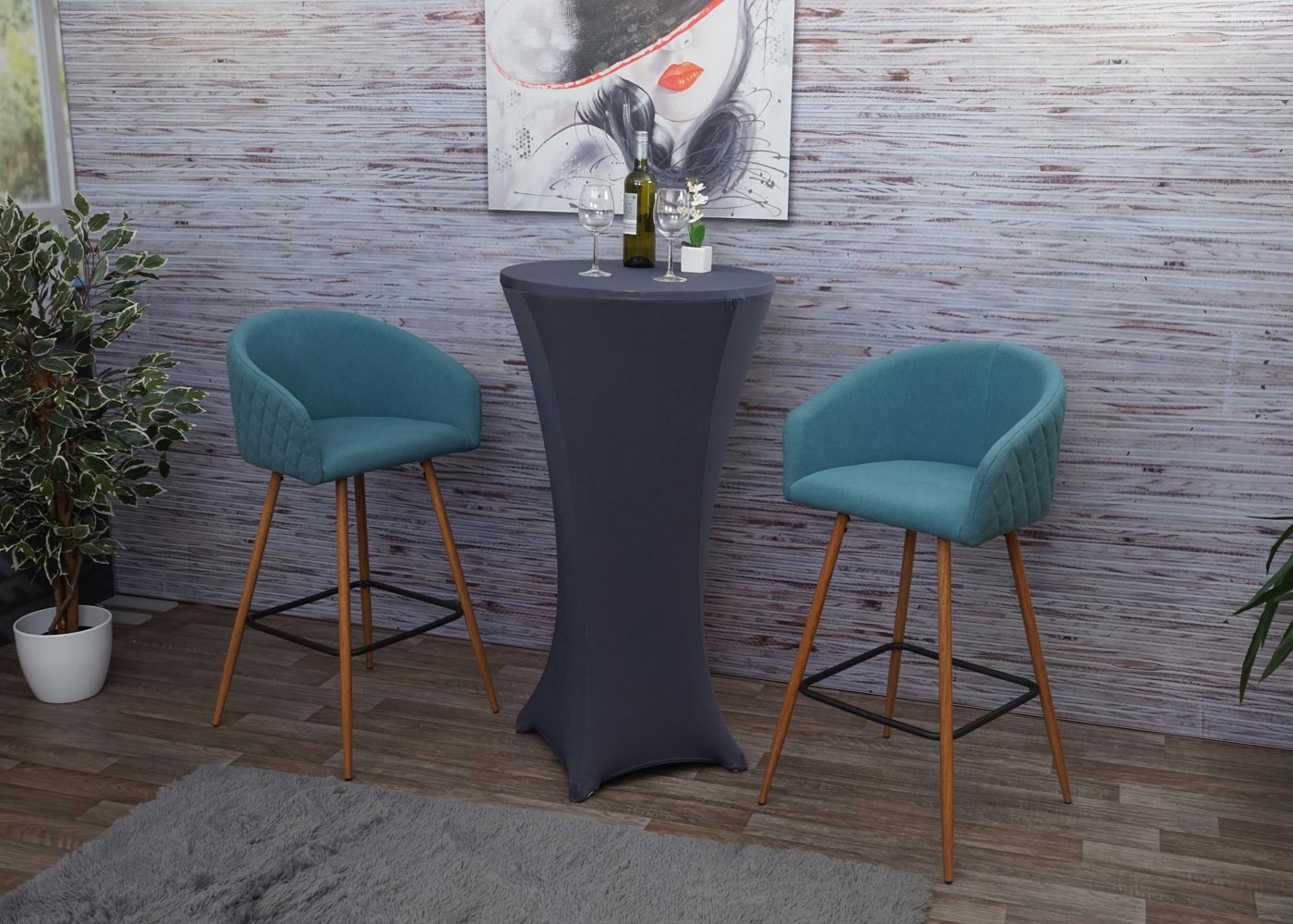 Cosmo Casa - Set van 2 Barkrukken - Barkruk - Keukenkruk met Rugleuning - Metaal Houtlook - Stoftextiel - Turquoise