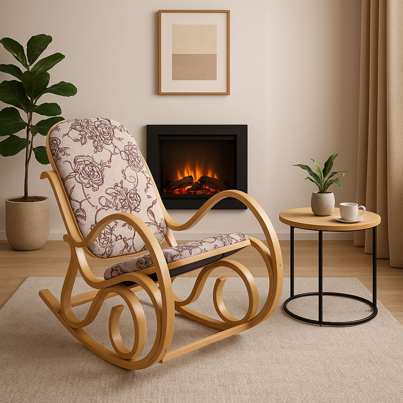 Cosmo Casa - Schommelstoel - TV-Stoel met Armleuningen - Massief Hout - Eikenlook - Jacquard Bruin