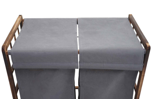 Cosmo Casa - Wasverzamelaar - Wasbox Wasmand - Massief Hout - Bruin - Grijze Deksel - 2 Vakken - 60×60×33 cm - 68 l