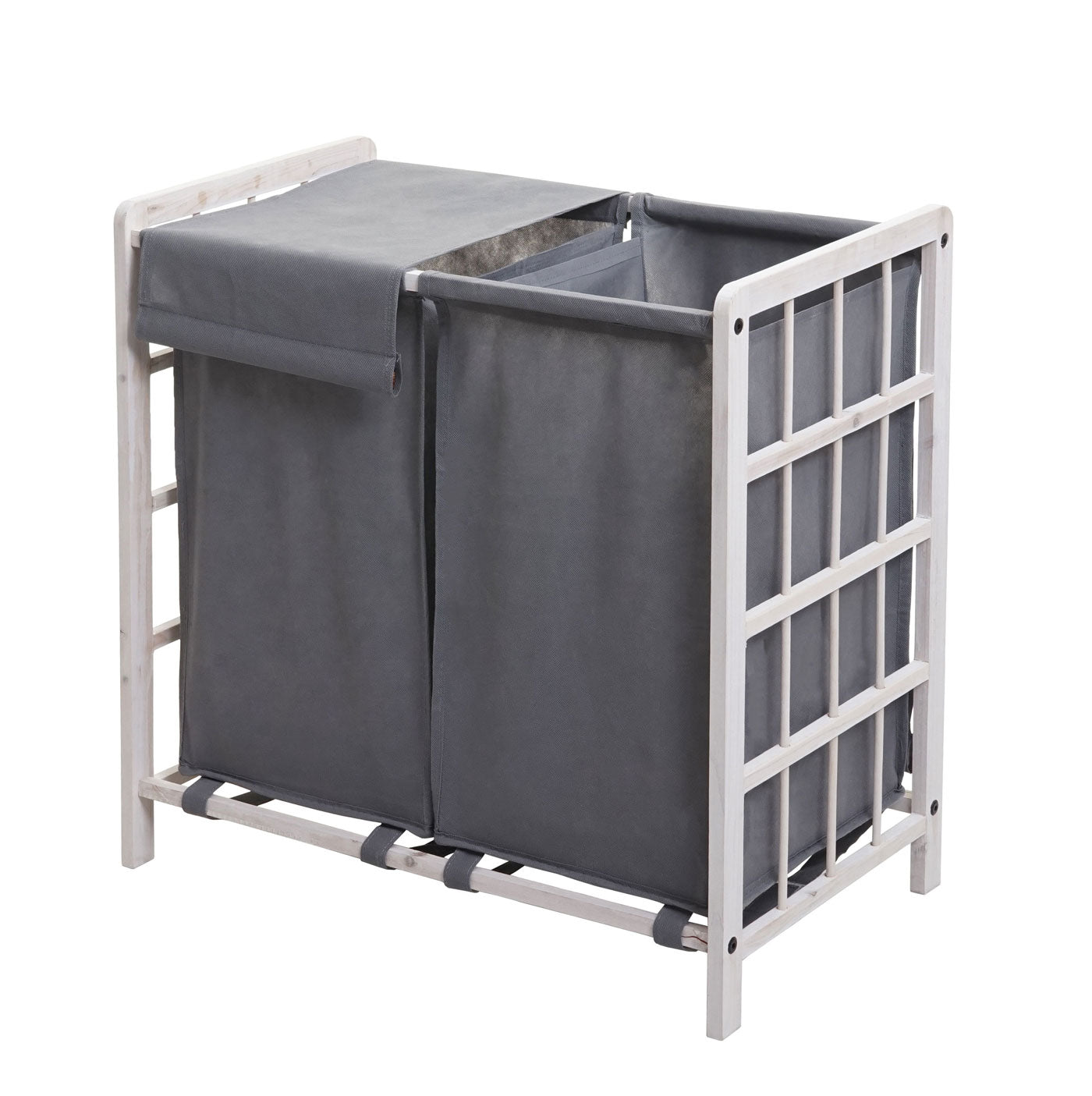 Cosmo Casa - Wasverzamelaar - Wasbox Wasmand - Massief Hout - Shabby White - Grijze Deksel - 2 Vakken - 60×60×33 cm - 68 l