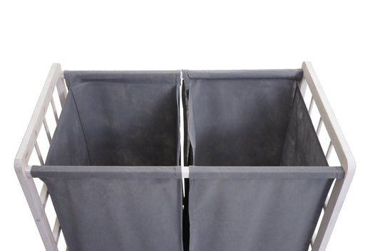 Cosmo Casa - Wasverzamelaar - Wasbox Wasmand - Massief Hout - Shabby White - Grijze Deksel - 2 Vakken - 60×60×33 cm - 68 l