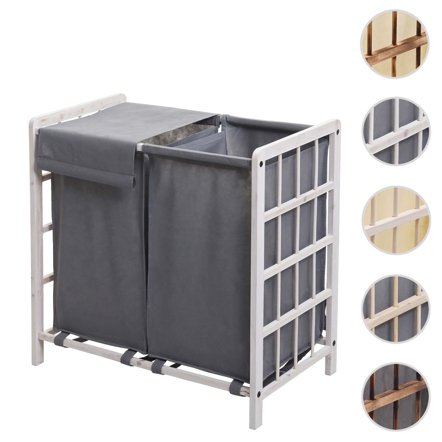 Cosmo Casa - Wasverzamelaar - Wasbox Wasmand - Massief Hout - Shabby White - Grijze Deksel - 2 Vakken - 60×60×33 cm - 68 l