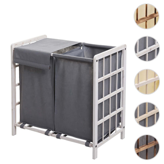 Cosmo Casa - Wasverzamelaar - Wasbox Wasmand - Massief Hout - Shabby White - Grijze Deksel - 2 Vakken - 60×60×33 cm - 68 l
