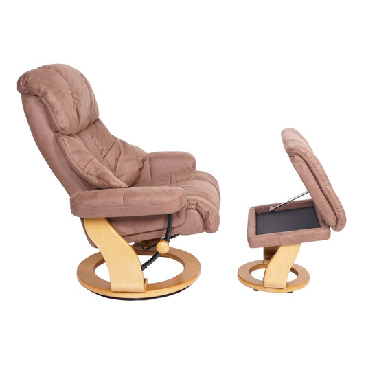 Cosmo Casa - Relaxstoel XXL - Met kruk - Textiel - Bruin - Frame naturel