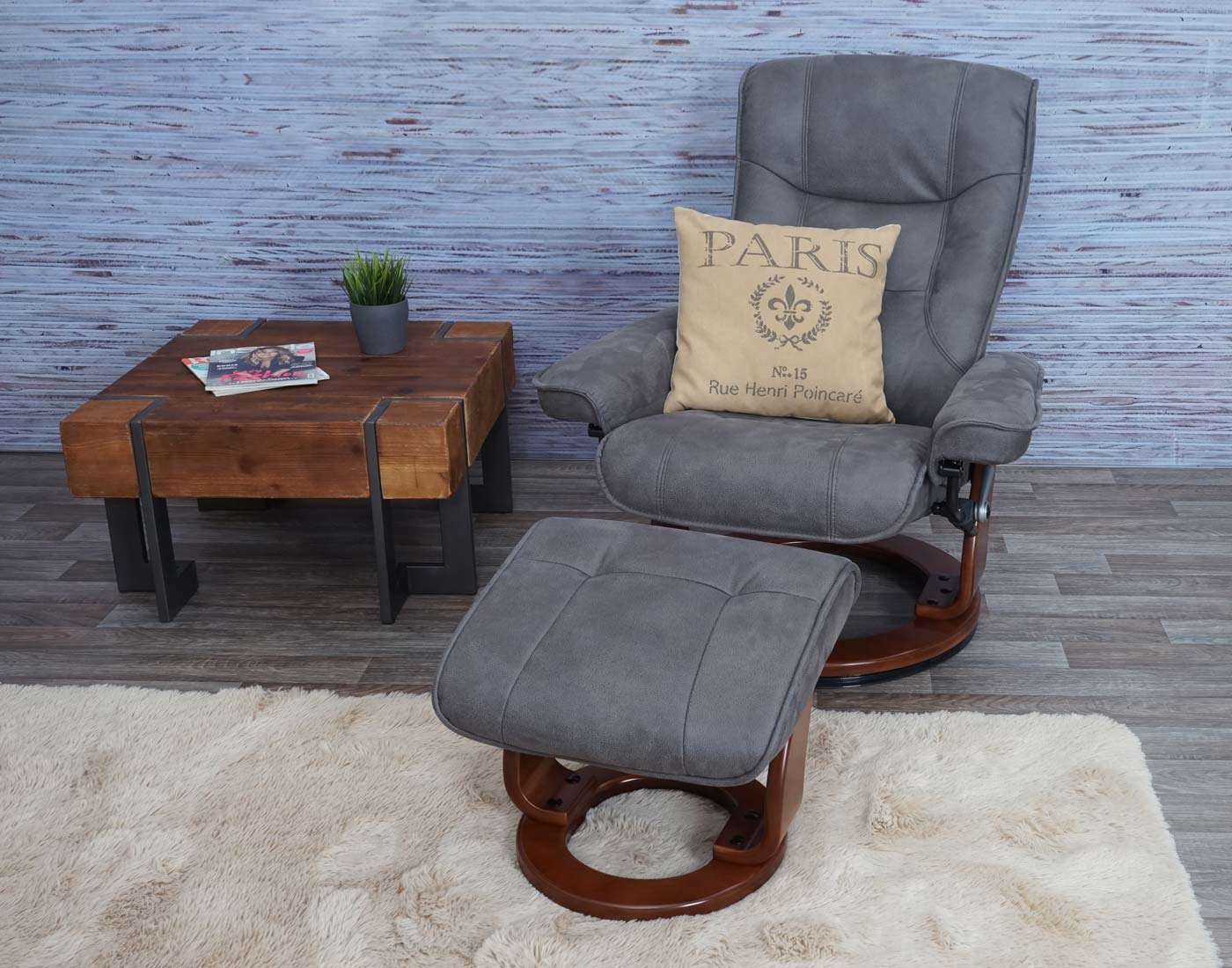 Cosmo Casa - Relaxfauteuil - Inclusief kruk - Stof/textiel - Donkergrijs-walnootkleur