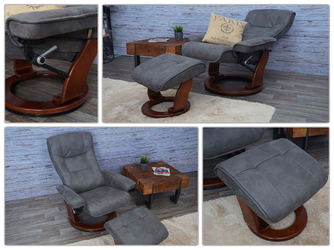 Cosmo Casa - Relaxfauteuil - Inclusief kruk - Stof/textiel - Donkergrijs-walnootkleur