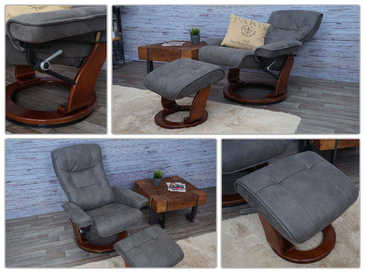 Cosmo Casa - Relaxfauteuil - Inclusief kruk - Stof/textiel - Donkergrijs-walnootkleur