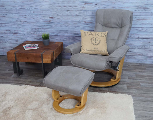 Cosmo Casa - Relaxfauteuil - Inclusief kruk - Stof/textiel - Lichtgrijs-natuurlijk bruin