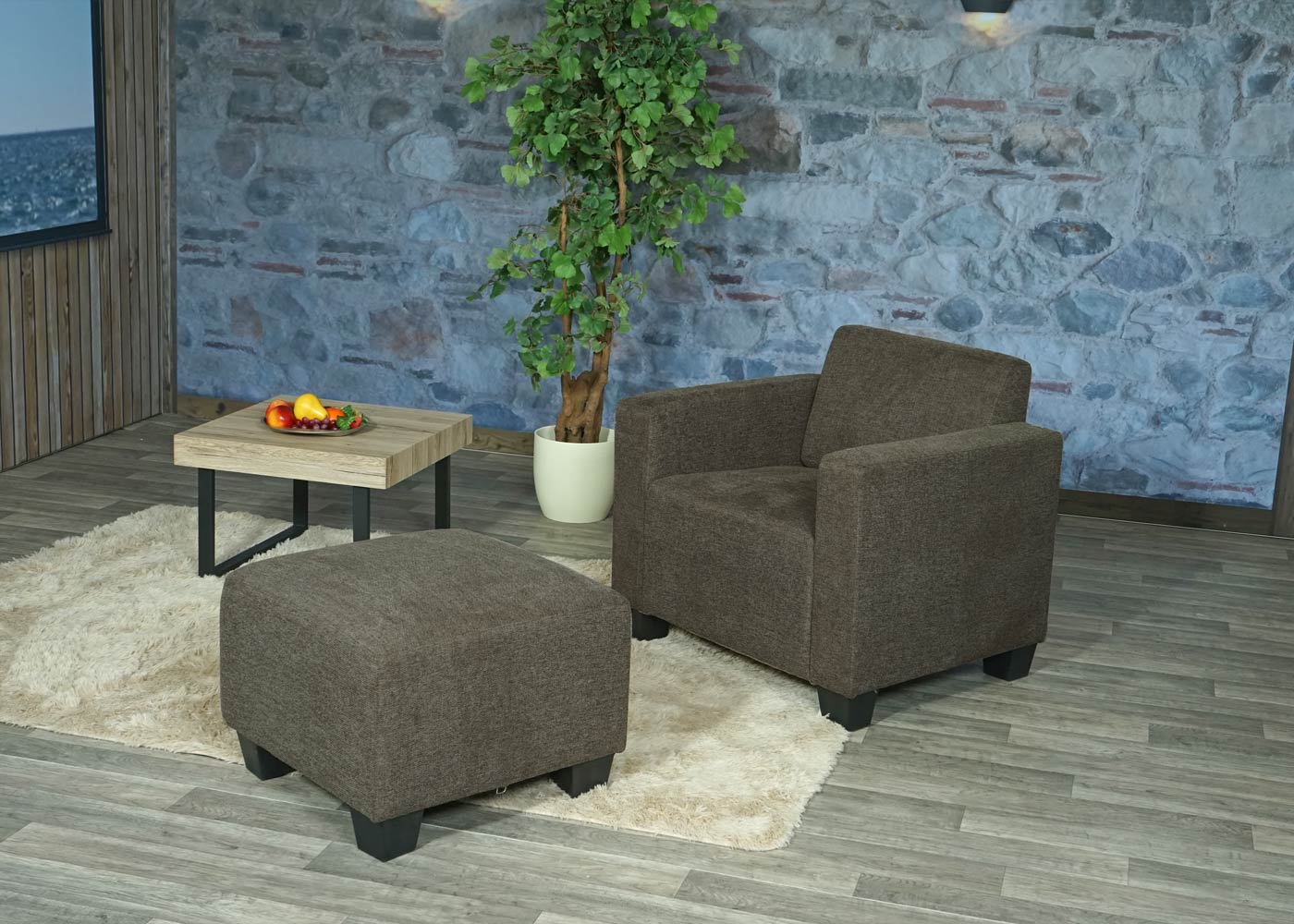 Cosmo Casa - Fauteuil - Lounge met poef - Stof textiel - Bruin