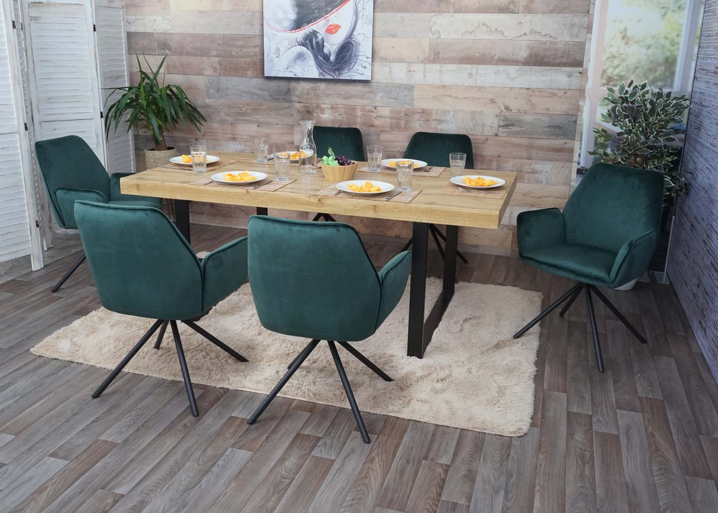 Cosmo Casa - Eetkamerstoel - Draaistoel met Armleuningen - Fluweel - Groen - Zwarte Poten