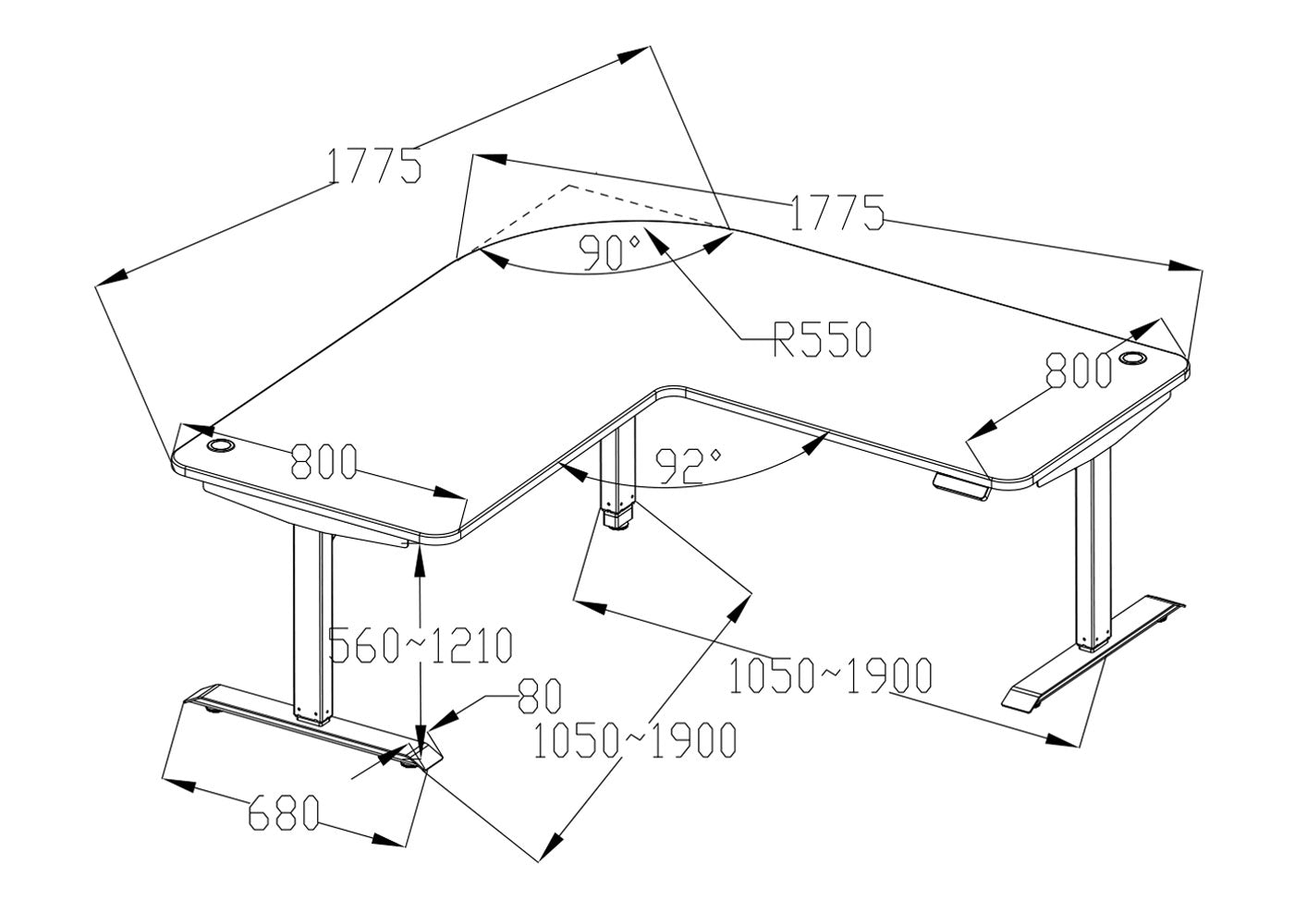 Cosmo Casa - Hoekbureau elektrisch in hoogte verstelbaar - Computerbureau - Lichtbruin - Zwart - 178 x 178 cm