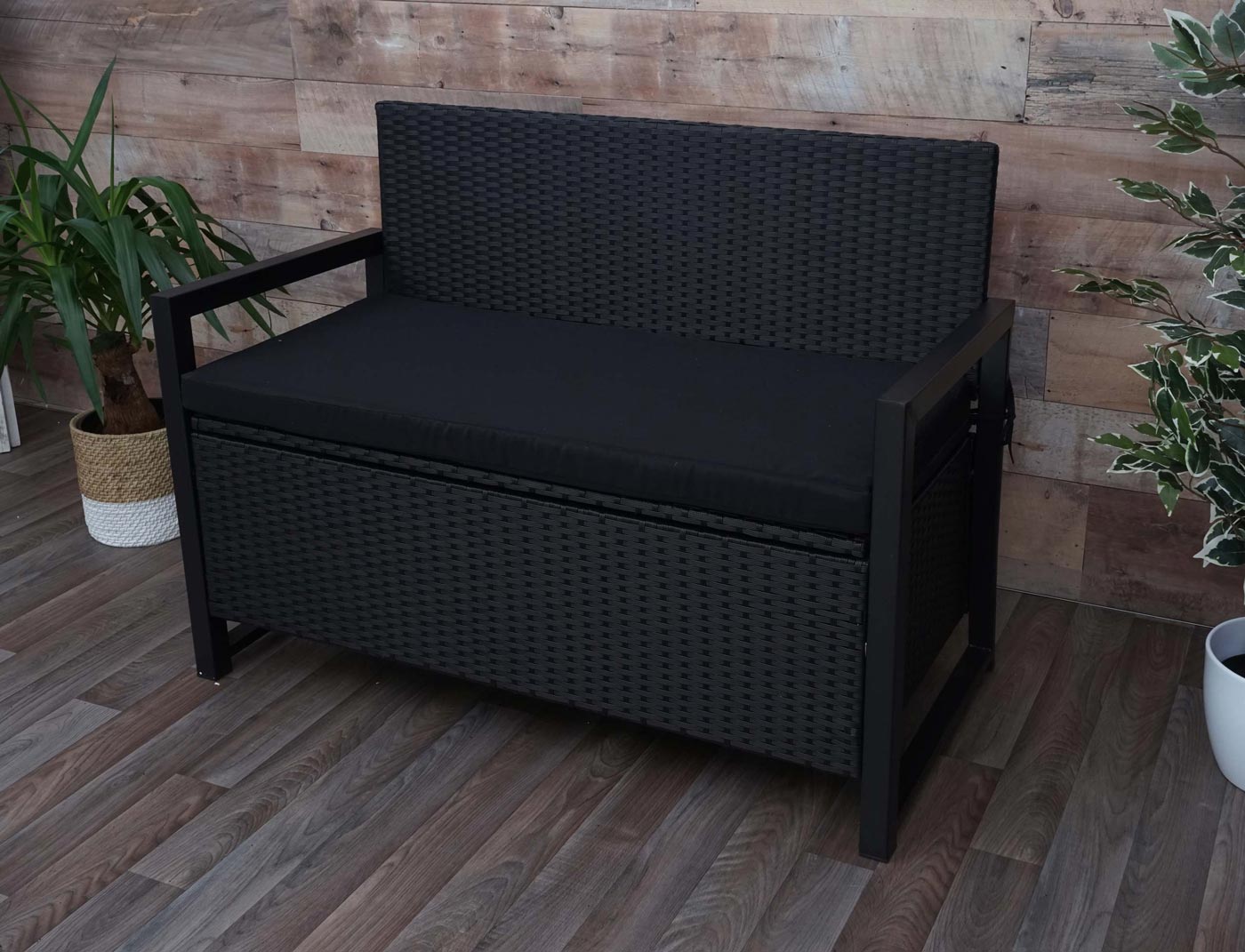 Cosmo Casa - Polyrotan 2-zitsbank - Tuinbank - Borstbank - Opbergvak - Opbergkussen - Antraciet met Zwart Kussen