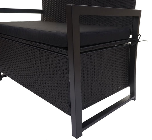 Cosmo Casa - Polyrotan 2-zitsbank - Tuinbank - Borstbank - Opbergvak - Opbergkussen - Antraciet met Zwart Kussen