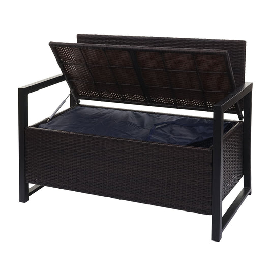 Cosmo Casa - Polyrotan 2-zitsbank - Tuinbank - Borstbank - Opbergvak - Opbergkussen - Bruin met Zwart Kussen