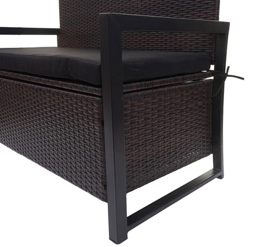 Cosmo Casa - Polyrotan 2-zitsbank - Tuinbank - Borstbank - Opbergvak - Opbergkussen - Bruin met Zwart Kussen